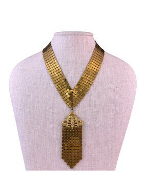 Vintage Trifari Womens Gold Tone Metal Mesh Necklace Ornate Pendan